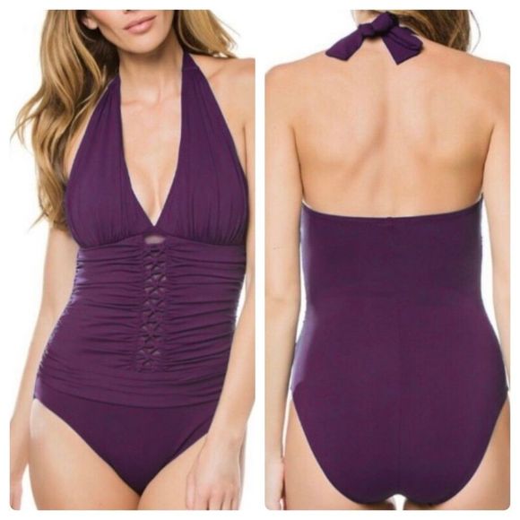 Blue Rod Beattie One Piece Shirred Twister Halter Swimsuit 4 - Picture 6 of 6